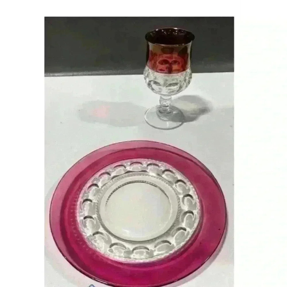 Vintage Tiffin Co Cranberry Kings Crown Glass Goblet & Lunch Plates Set Of 8 - Picture 4 of 6